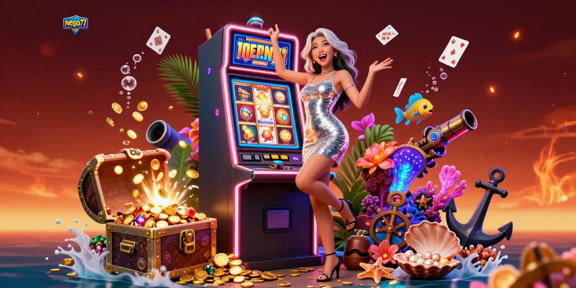 Nego77 offers thrilling slot gameplay with a lucky jackpot celebration, featuring vibrant casino elements.