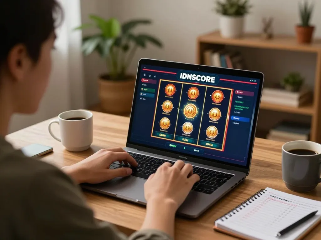 IDNSCORE online betting in a cozy home office setting, showcasing an engaging slot game on laptop.