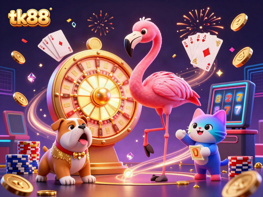 Engage in the excitement of tk88, featuring a flamingo host and a bulldog contestant surrounded by casino elements.
