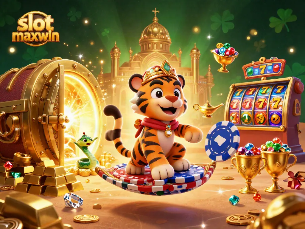 Experience immersive fun with slot maxwin in this vibrant 3D casino illustration featuring lucky symbols and treasures.