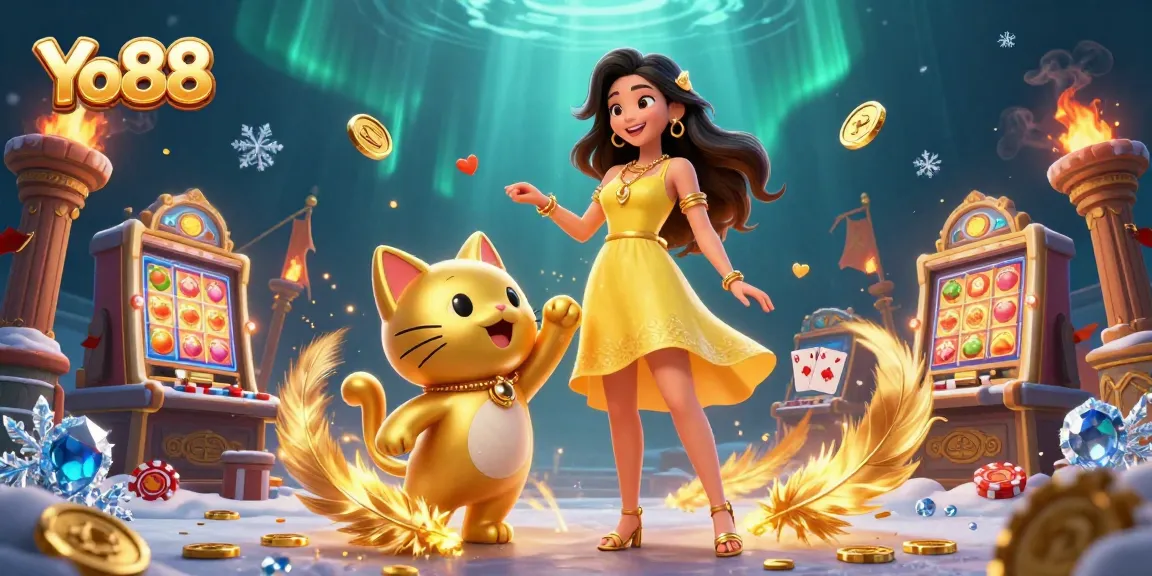 Engage with Yo88's vibrant gaming world featuring a cheerful woman and lucky cat amidst dynamic casino elements.