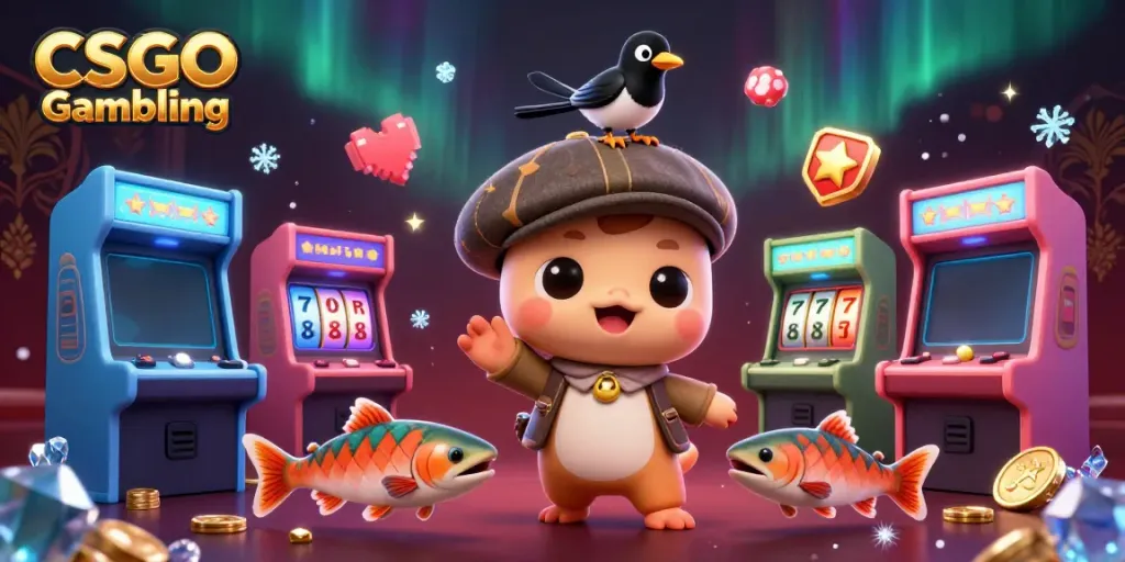 Engaging scene depicting CSGO Gambling elements with cartoon characters, vibrant arcade machines, and a playful atmosphere.