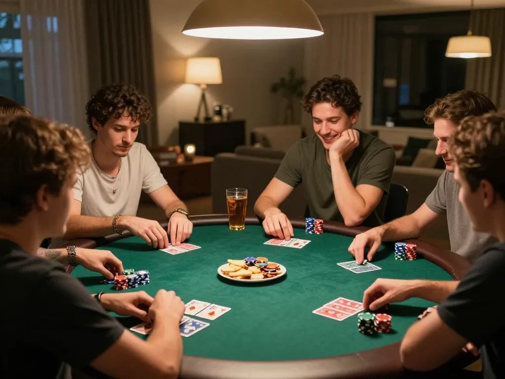 33win players enjoying an exciting poker night with friends at home, showcasing strategic gameplay.