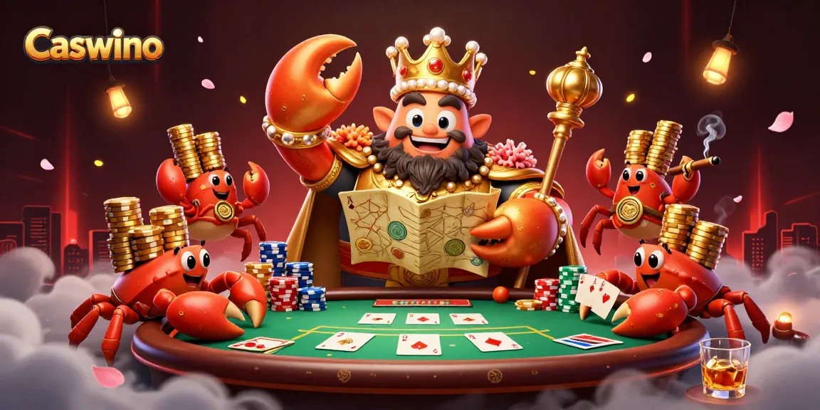 Discover thrilling Caswino experiences with a golden crab emperor and vibrant poker elements.