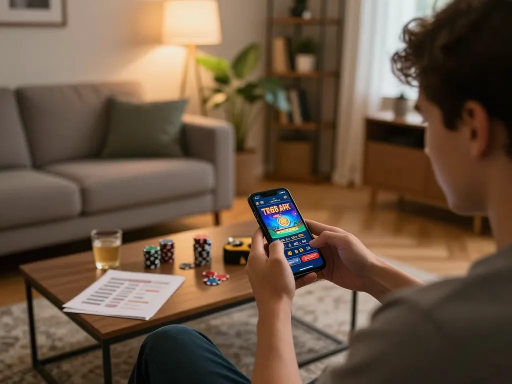 Engage with the TR88 APK for online casino gaming on a smartphone in a cozy home setting.