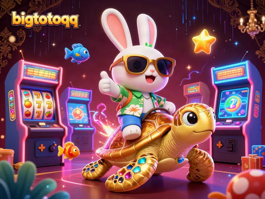 Engage with bigtotoqq adventures featuring a lucky rabbit and golden sea turtle in a vibrant casino setting.