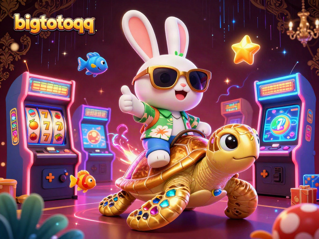 Engage with bigtotoqq adventures featuring a lucky rabbit and golden sea turtle in a vibrant casino setting.