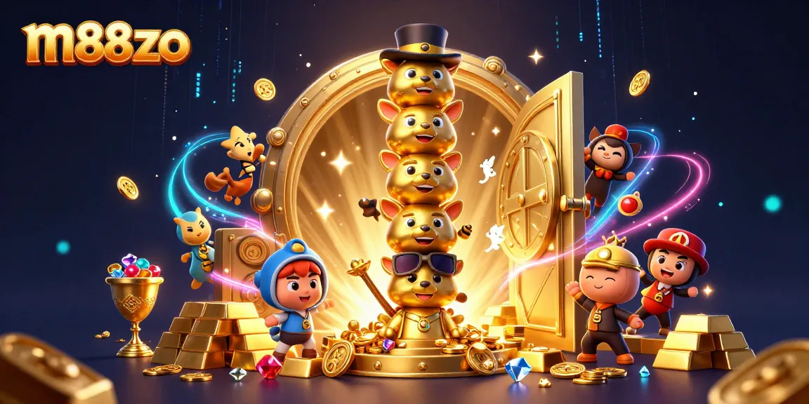 Engage with m88zo's vibrant casino experience featuring a golden totem pole surrounded by treasure.