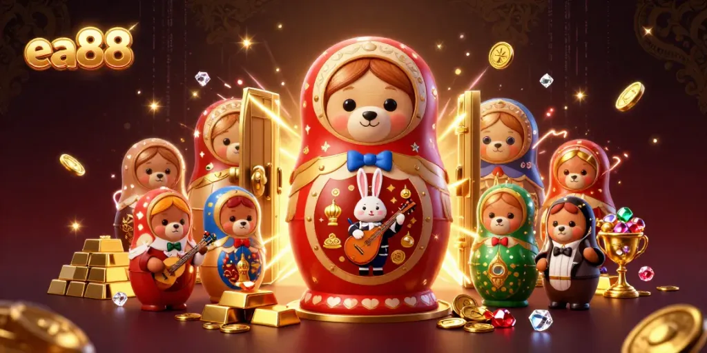 ea88 features a vibrant 3D casino scene, showcasing playful characters and sparkling treasures.