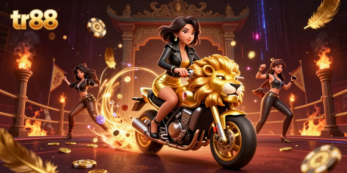 Play thrilling games at tr88, featuring a glamorous woman with a golden lion mascot amidst casino chaos.