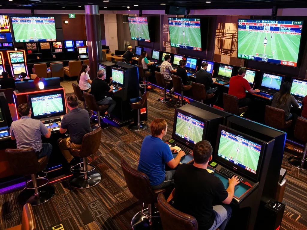 Engaging bettors analyzing odds at Keo nha cai 5 sportsbook in a vibrant casino