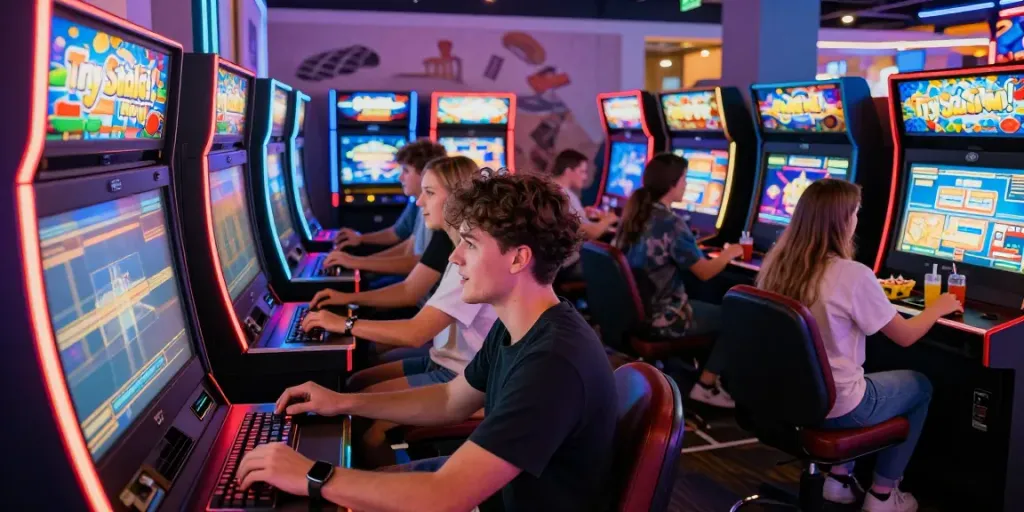 Excited gamers exploring ทดลองสล็อต options in a modern arcade.