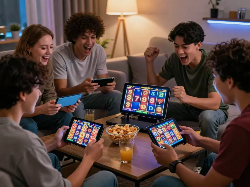 Group of friends excitedly playing slot games on mobile device in lively atmosphere.