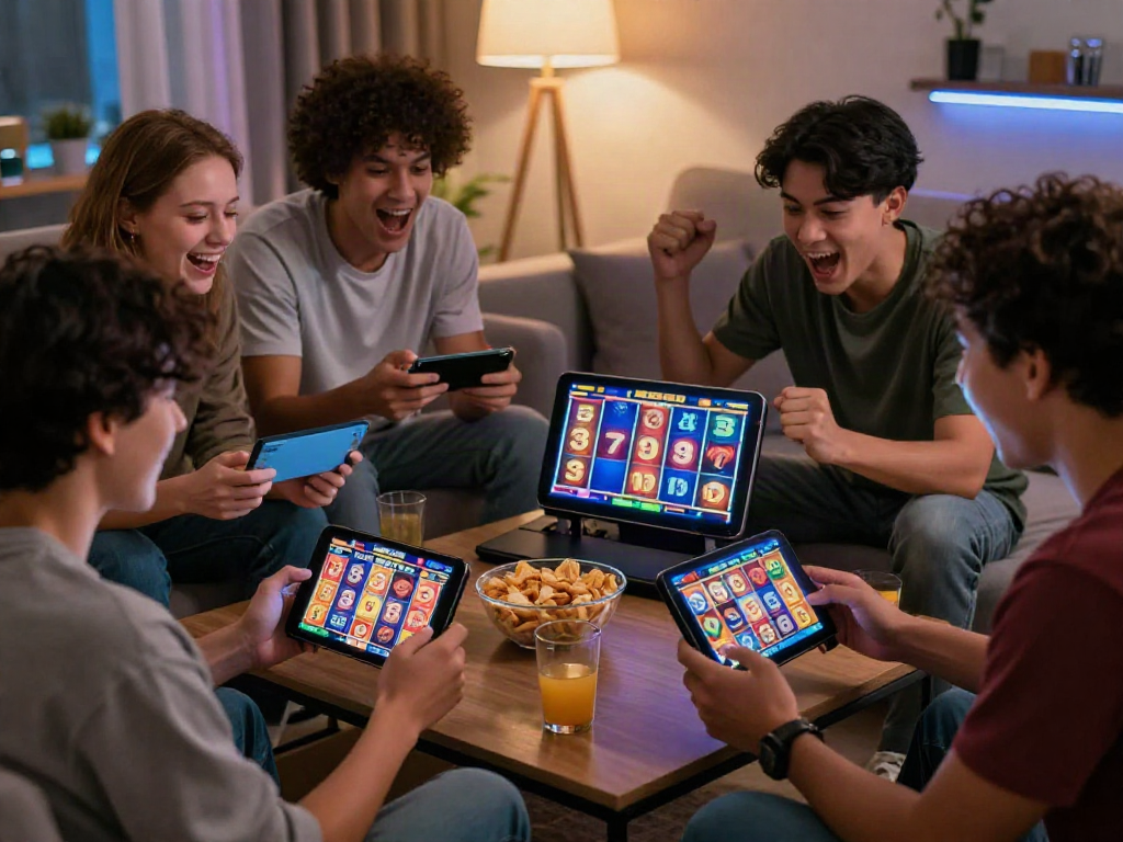 Group of friends excitedly playing slot games on mobile device in lively atmosphere.