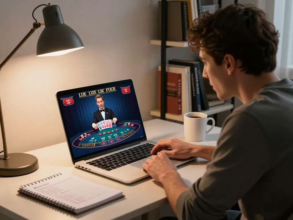 Player engaging with u8888's live dealer blackjack game on laptop, showcasing a stylish home office.