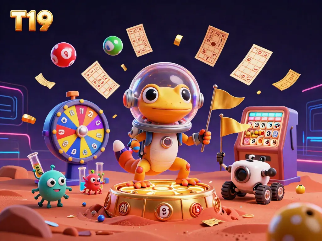 Engage with T19 while a Martian gecko and rover explore a golden casino amidst colorful lottery elements.