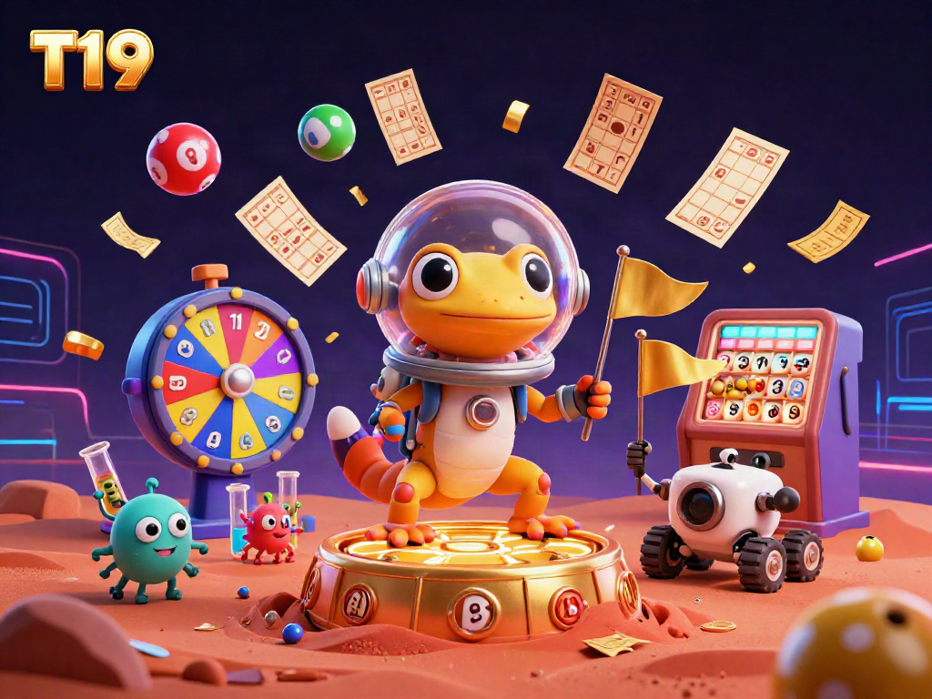 Engage with T19 while a Martian gecko and rover explore a golden casino amidst colorful lottery elements.