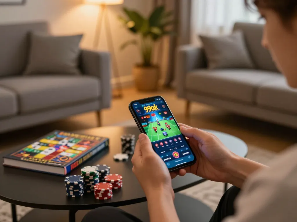Person engaged with the 99ok casino app in a cozy living room, showcasing strategic gameplay.
