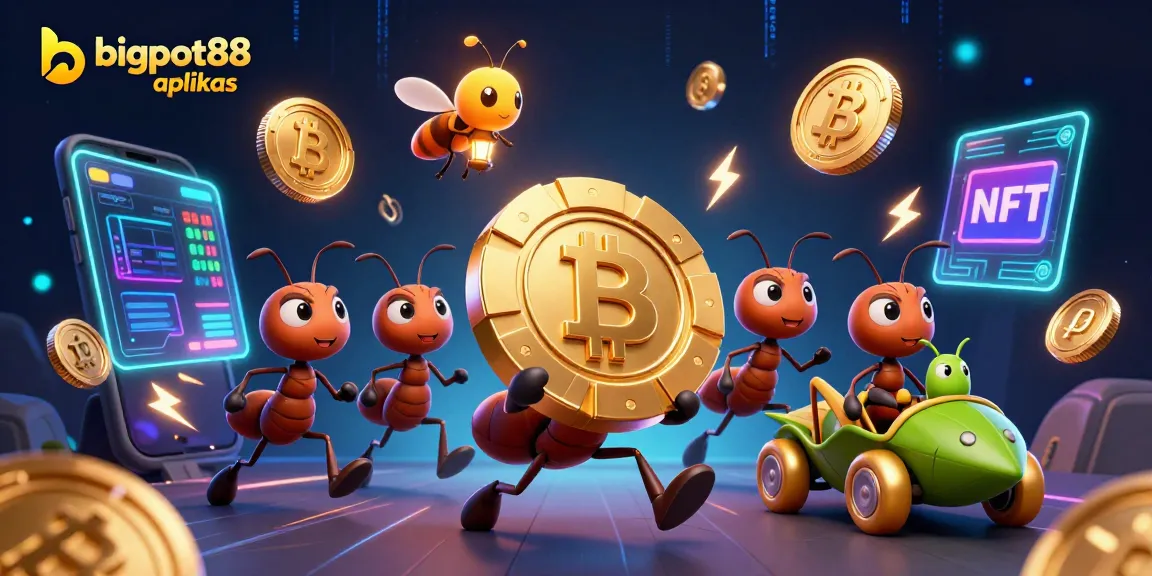 Experience a thrilling heist with bigpot88 aplikas, featuring animated ants, golden poker chip, and crypto elements.