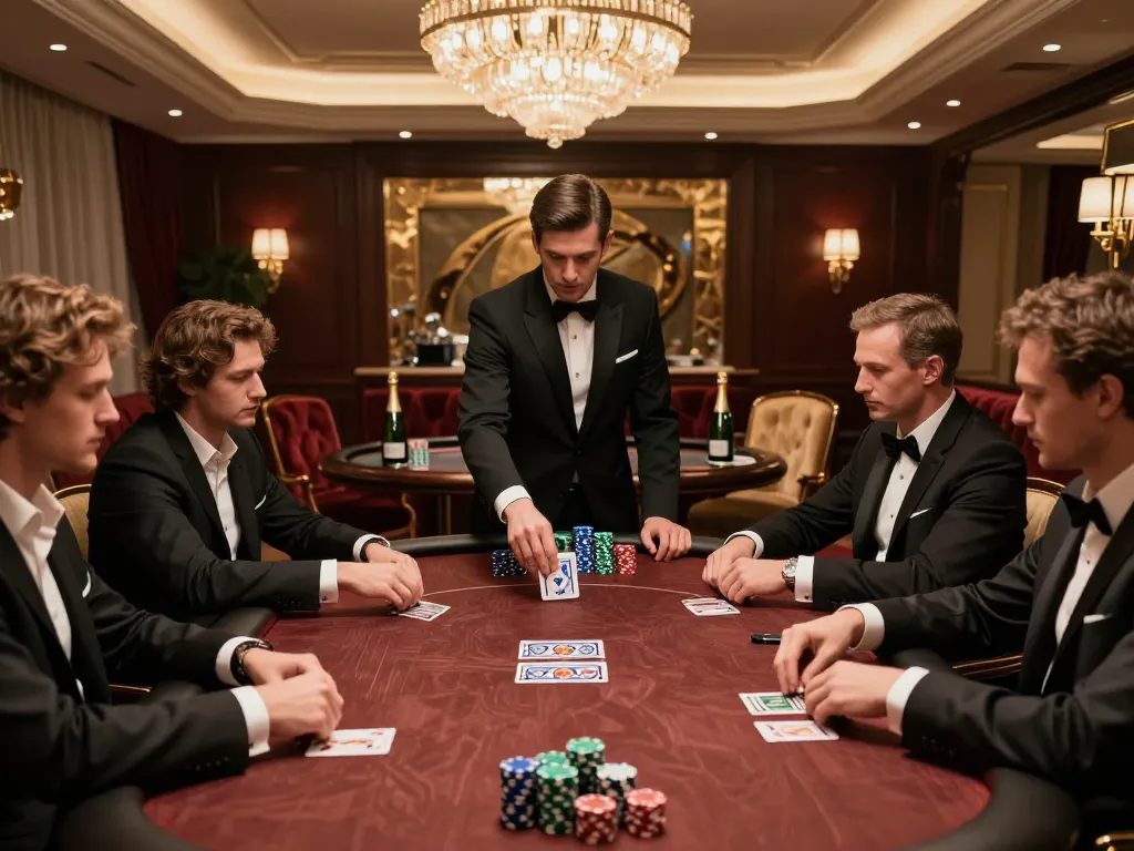 RR88 players placing bets and strategizing at an upscale poker table in a luxury casino.