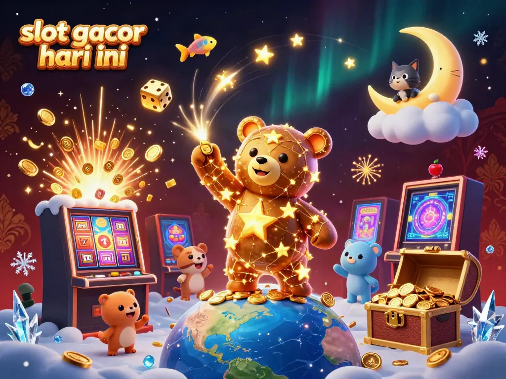 Activate your luck with slot gacor hari ini as a constellation bear collects coins amid jackpot bursts and vibrant casino elements.