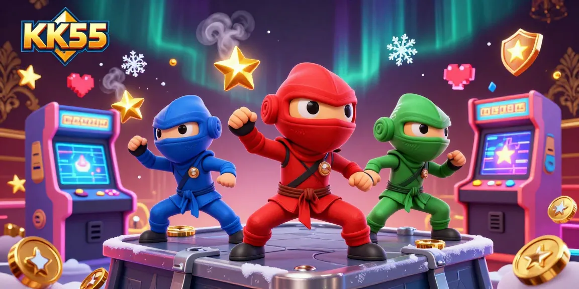 Engage with KK55 through colorful chameleon ninjas amidst glowing game elements and casino aesthetics.