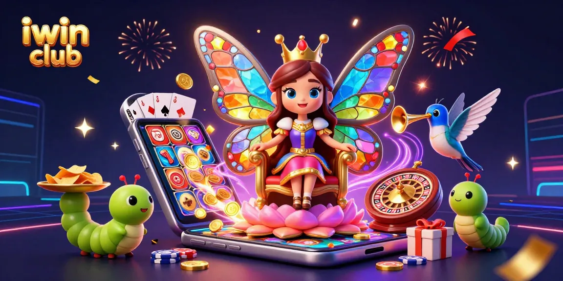 Engage with the vibrant iwin club scene featuring the butterfly queen amidst casino elements, celebrating wins.