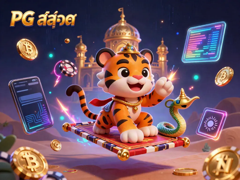 Experience PG สล็อต with vibrant 3D casino elements featuring a sultan and genie in a dynamic scene.
