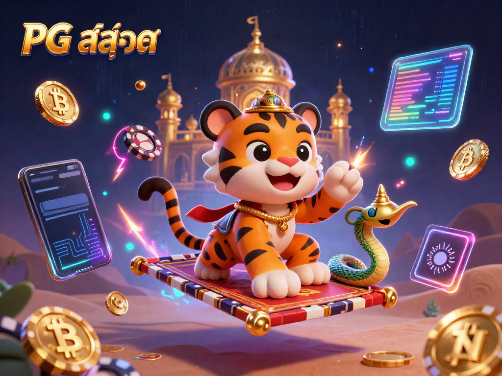 Experience PG สล็อต with vibrant 3D casino elements featuring a sultan and genie in a dynamic scene.