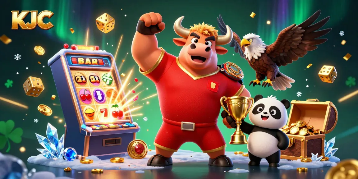 KJC casino illustration featuring a victorious bull mascot, eagle, and panda amidst dynamic slot game excitement.
