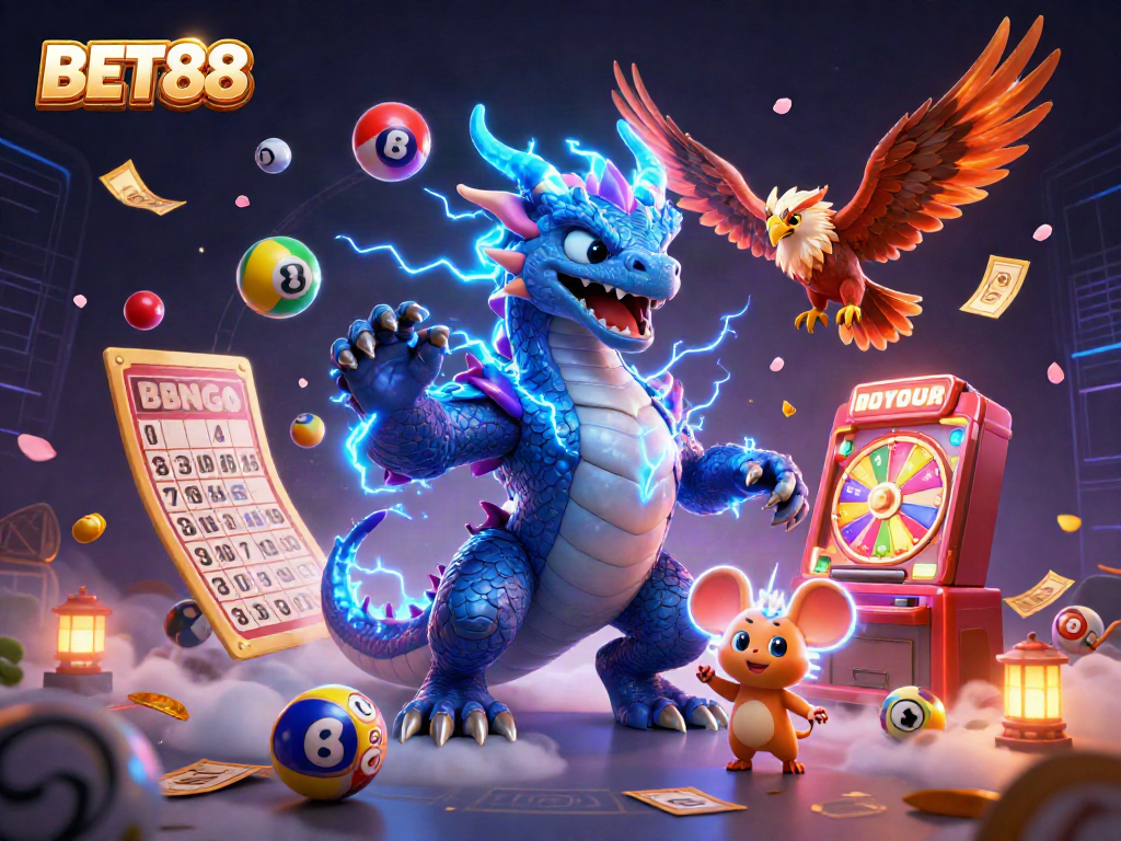 Experience the thrill of BET88 with a vibrant 3D casino scene featuring dynamic characters and exciting game elements.