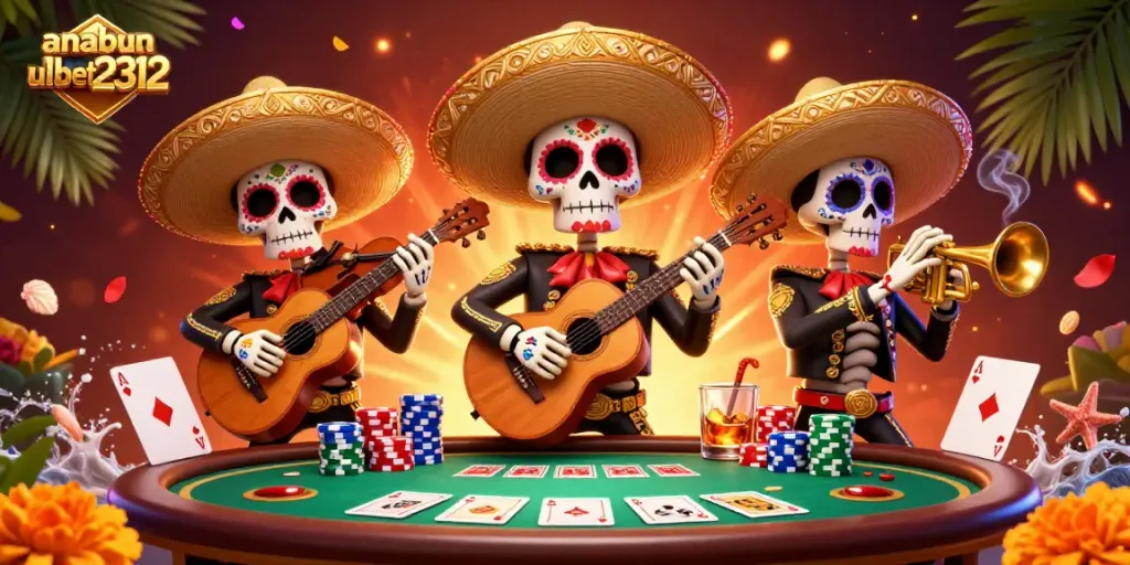 Gambaran bermain poker yang menampilkan anabulbet2312 dengan skeleton mariachi di latar belakang kasino yang ceria.