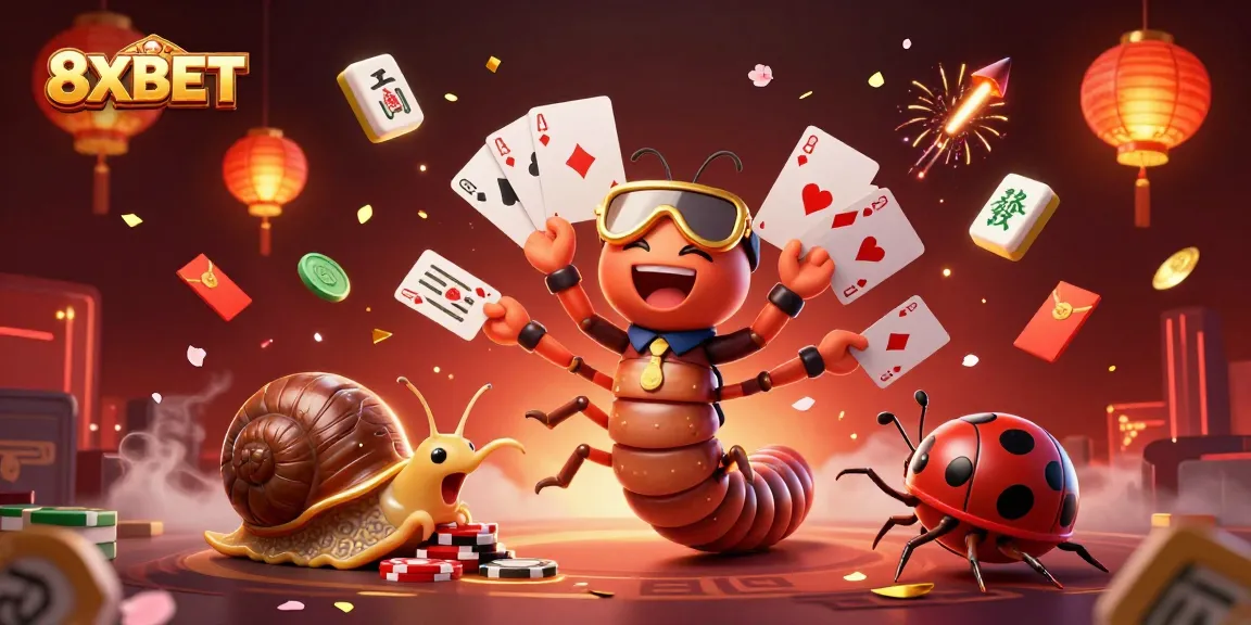 8XBET showcases a vibrant 3D casino scene with dynamic characters and game elements, promoting online gaming excitement.