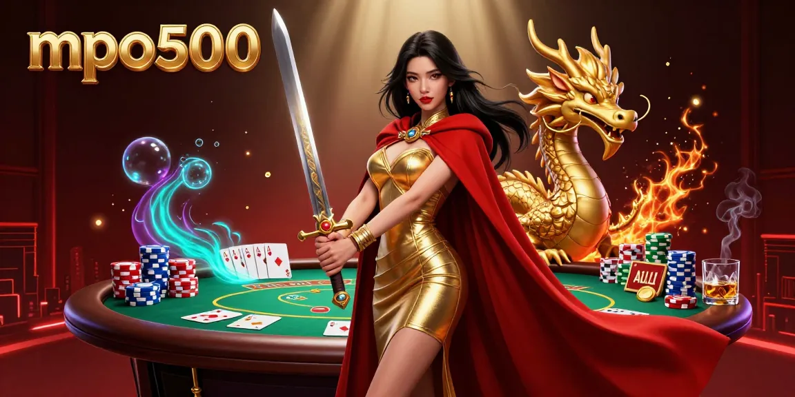 Join mpo500 for an unforgettable poker experience with highlighted chips, cards, and the warrior queen.