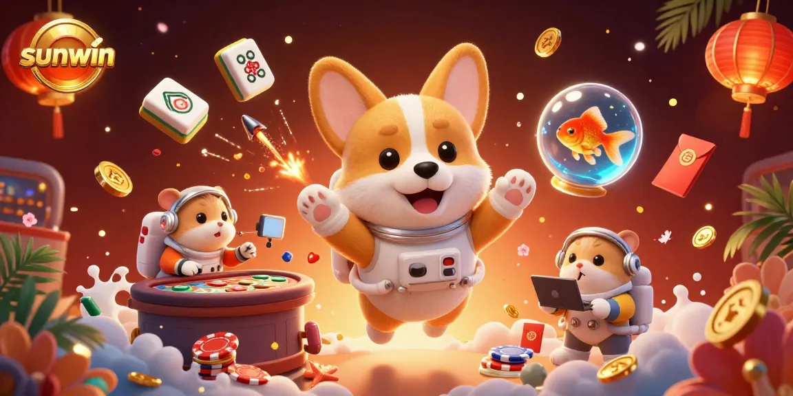 Experience thrilling gameplay at sunwin with floating poker chips and cartoon characters in a vibrant casino.
