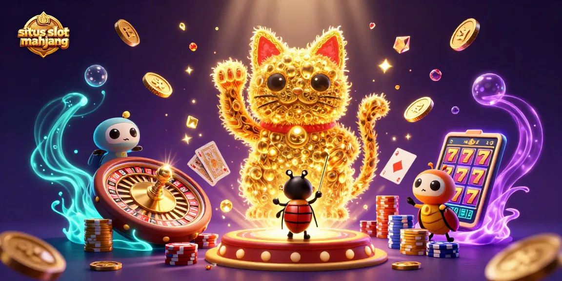 Experience situs slot mahjong excitement as golden fireflies form a lucky cat amidst casino magic.