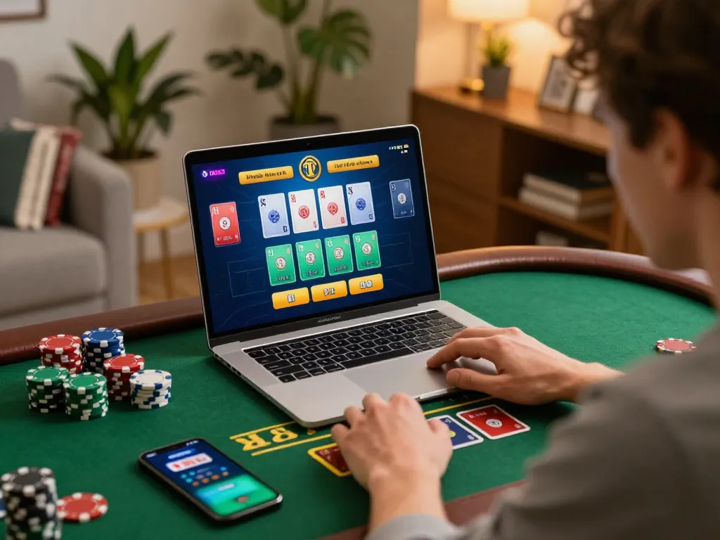 Situs ggdewa777 offers thrilling live blackjack gameplay on a laptop in a cozy home setting.