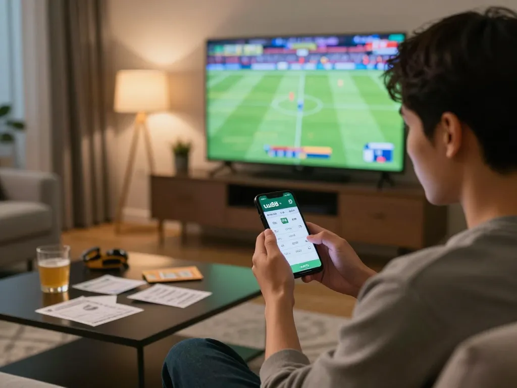 Engaged bettor using the uu88 app to place bets while watching a live football match at home.