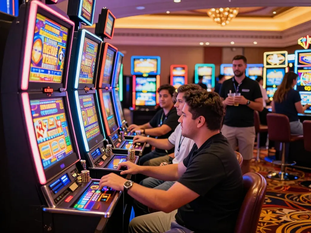 Players enjoying the Chatgpt caricature trend at a lively casino slot machine area.
