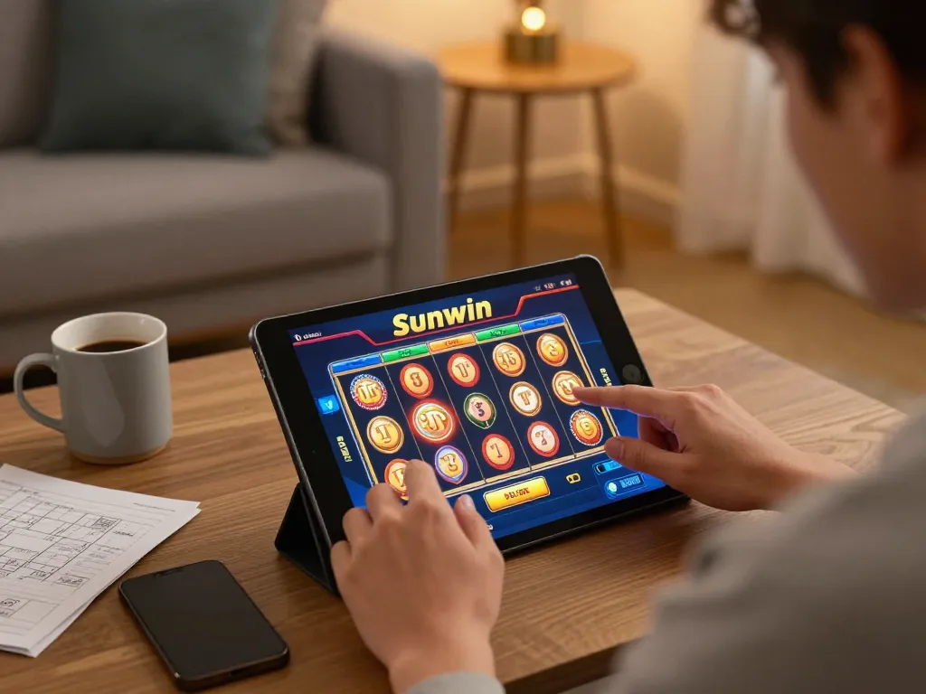 Engaging gameplay on the Sunwin casino app, showcasing a captivating slot machine experience at home.