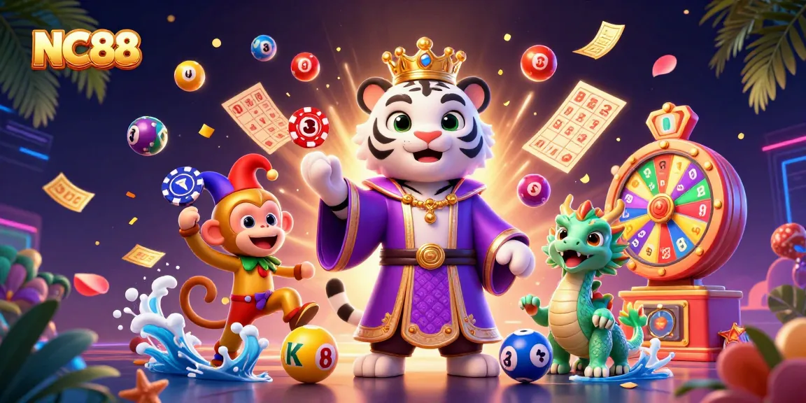 Engage with NC88's vibrant casino experience, featuring a playful scene with a white tiger, golden monkey, and jade dragon.