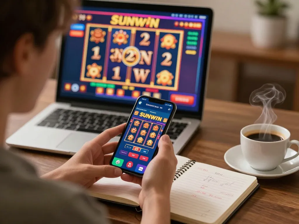 Giao diện ứng dụng Sunwin hiển thị trên smartphone trong khi các chiến lược cược được ghi chú trong một cuốn sổ tại nhà.