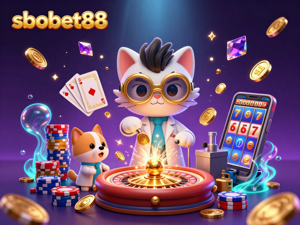 Engage in thrilling gameplay action on sbobet88 featuring golden coins, slots, and a vibrant casino setting.
