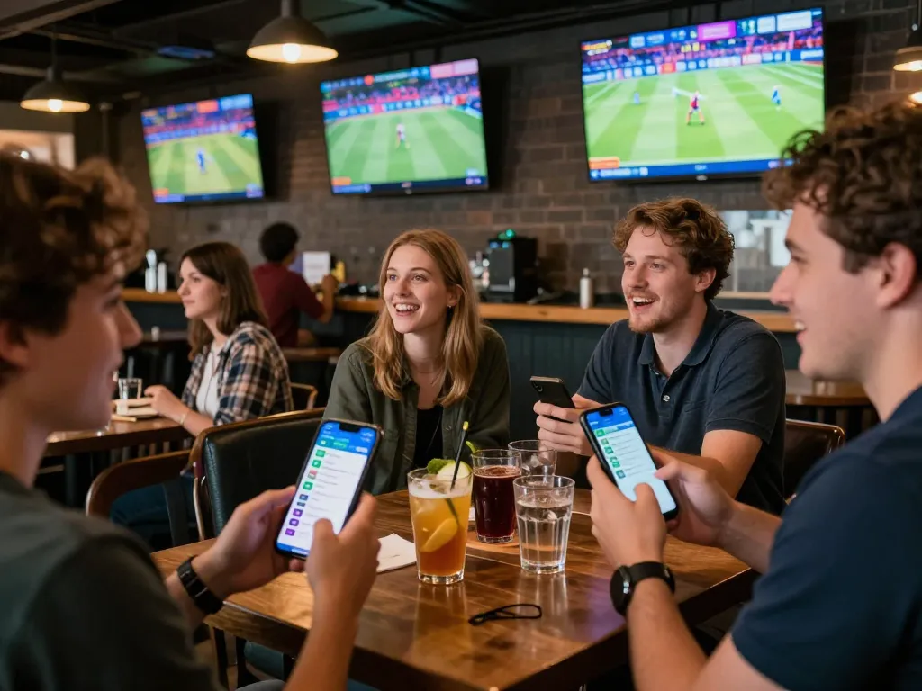 Patrons engaged in kèo nhà cái activities at a lively sports bar, showcasing smartphone betting and live match excitement.