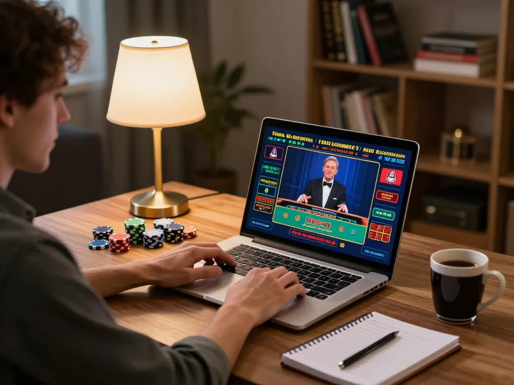Engaging in online gameplay at Rikvip with a live dealer on screen, enhancing strategic casino experience