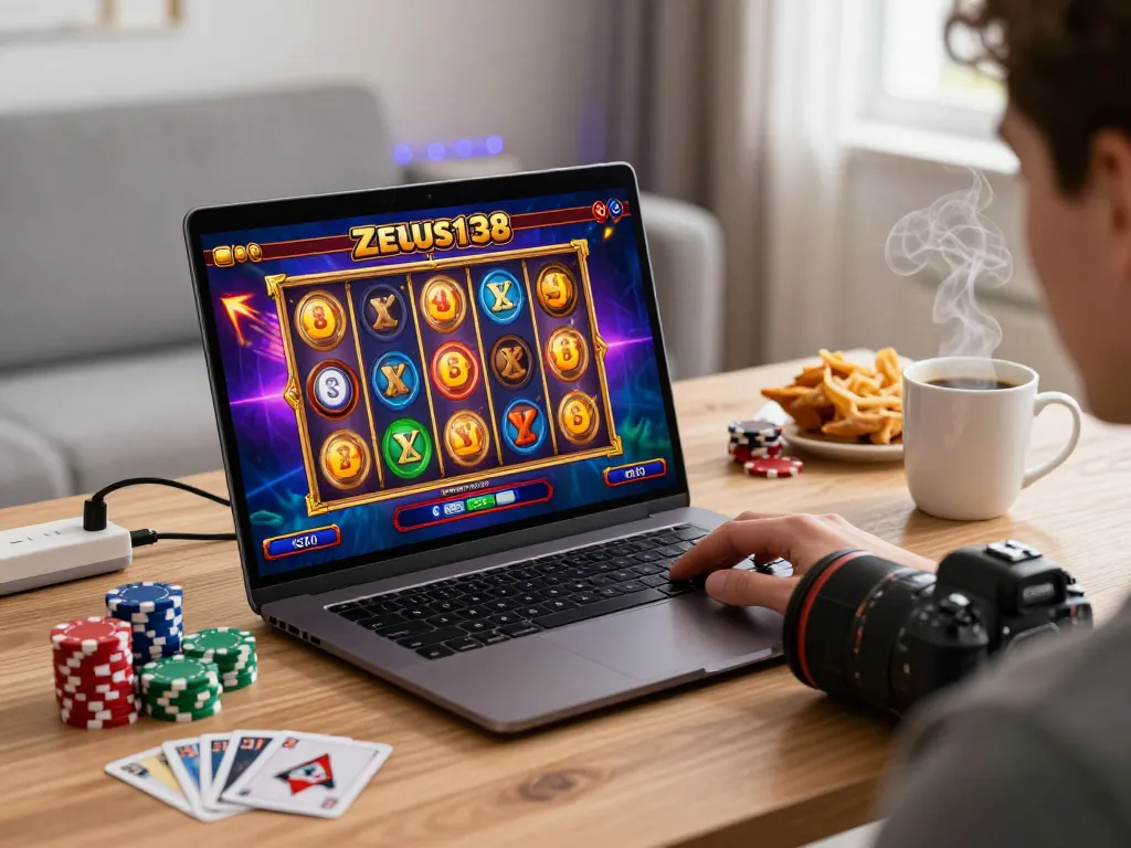 Engaging online gaming setup featuring Zeus138 interface with colorful slot reels.
