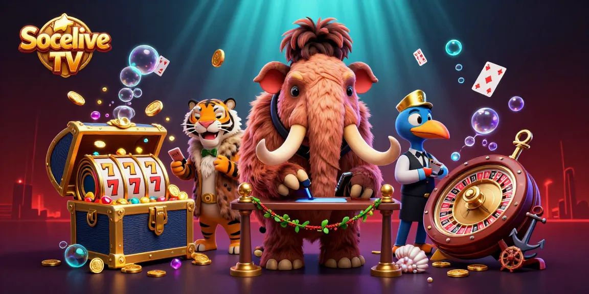 Socolive TV engages players with vibrant casino scene featuring a woolly mammoth bouncer and treasure elements.