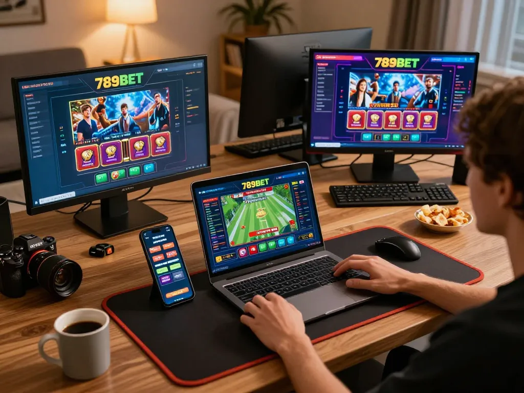 Engaging in online betting with 789BET on laptop and smartphone in a cozy home environment