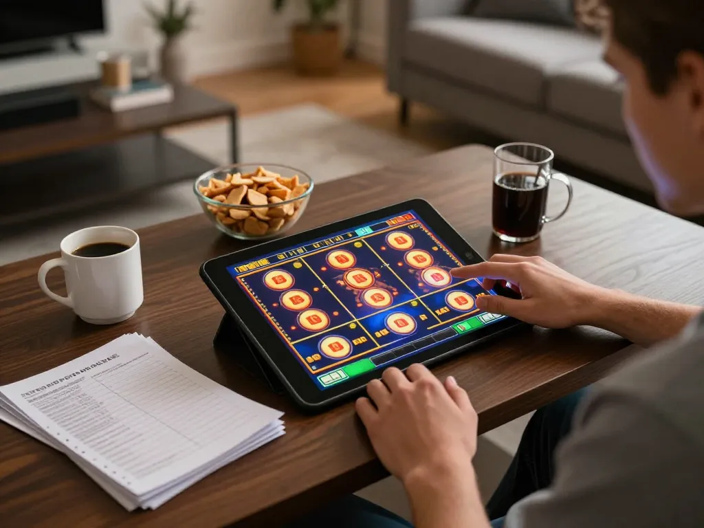 Sweeping view of a player enjoying a situs gacor gaming session on tablet at home, showcasing sports strategy notes.