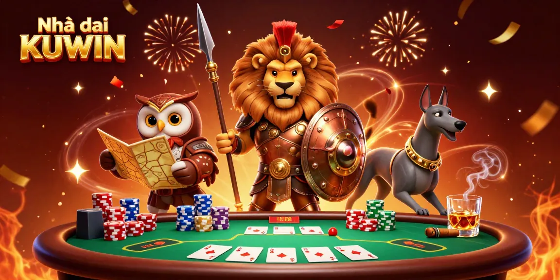 Experience thrilling gameplay at Nhà cái KUWIN as the Spartan lion and allies strategize at a poker table.
